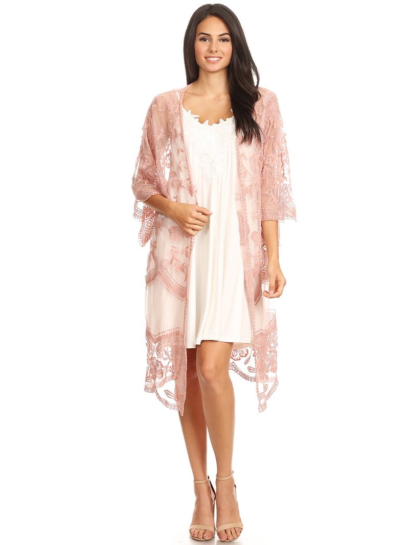 Anna-Kaci Floral Crochet Lace Cardigan for Women Beach Cover Ups Dress Kimono, Mauve, OneSize - Image 1